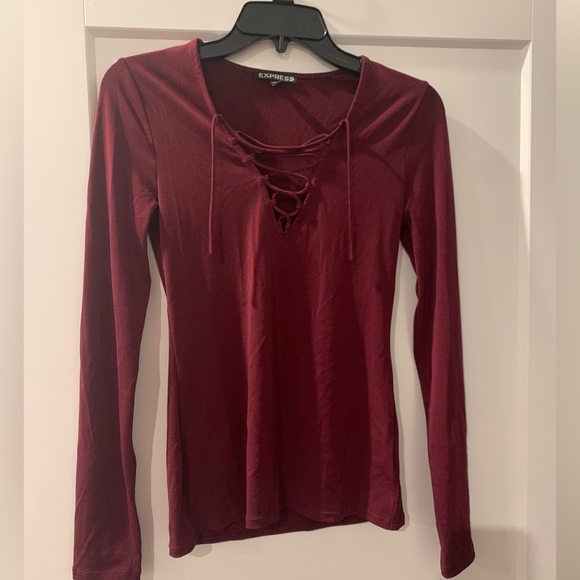 Red lace up front long sleeve top. Size small. - Picture 1 of 8